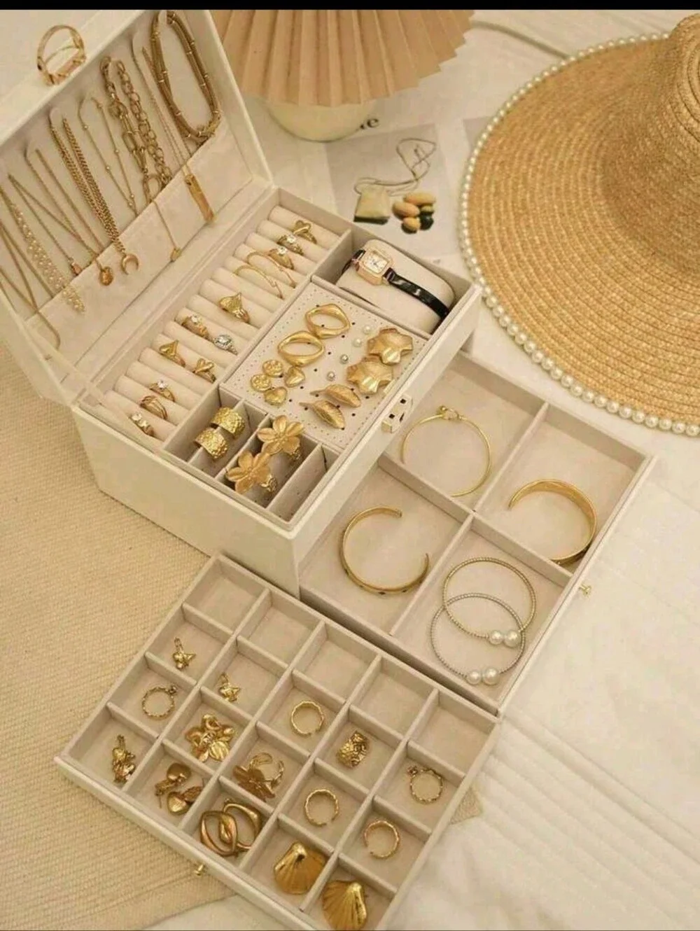 Women's Cream Jewelry Organizer Box with Gold Accents